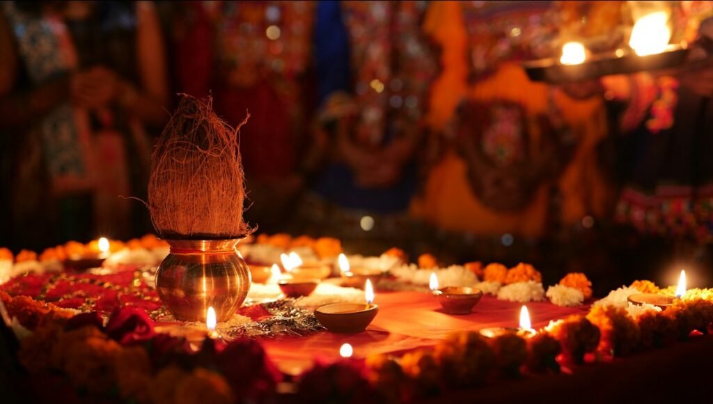Lakhi Pujo Date, Time – Bengali Lakshmi Puja with glowing diyas